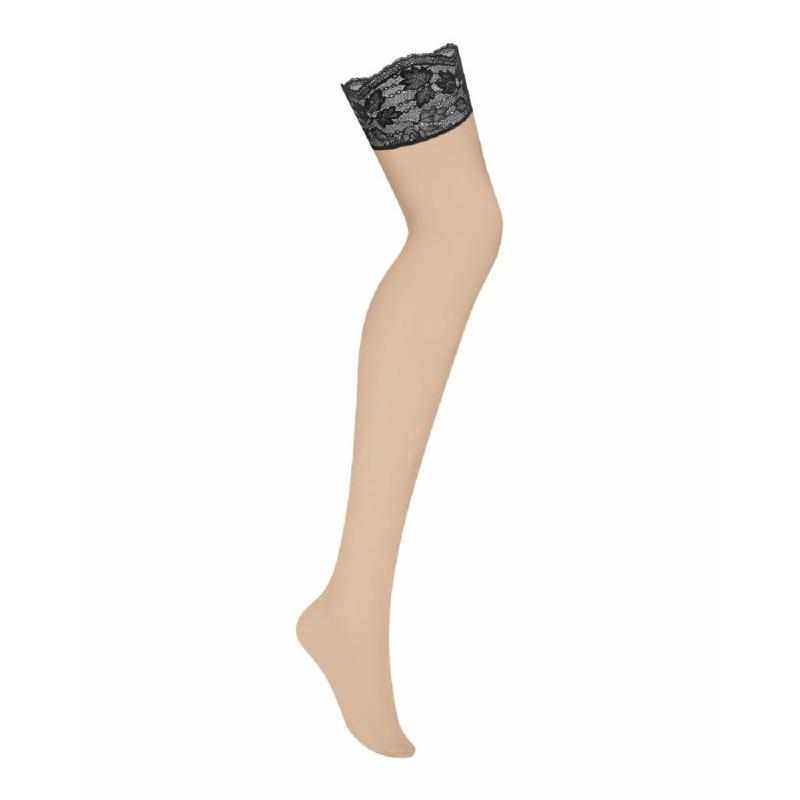 Панчохи Obsessive Nutris stockings, M/L, тілесні, з чорним мереживом, під пояс