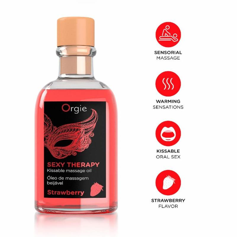Набір для масажу Orgie – Sexy Therapy Strawberry (100 мл), їстівна розігрівальна олія + пір’їнка