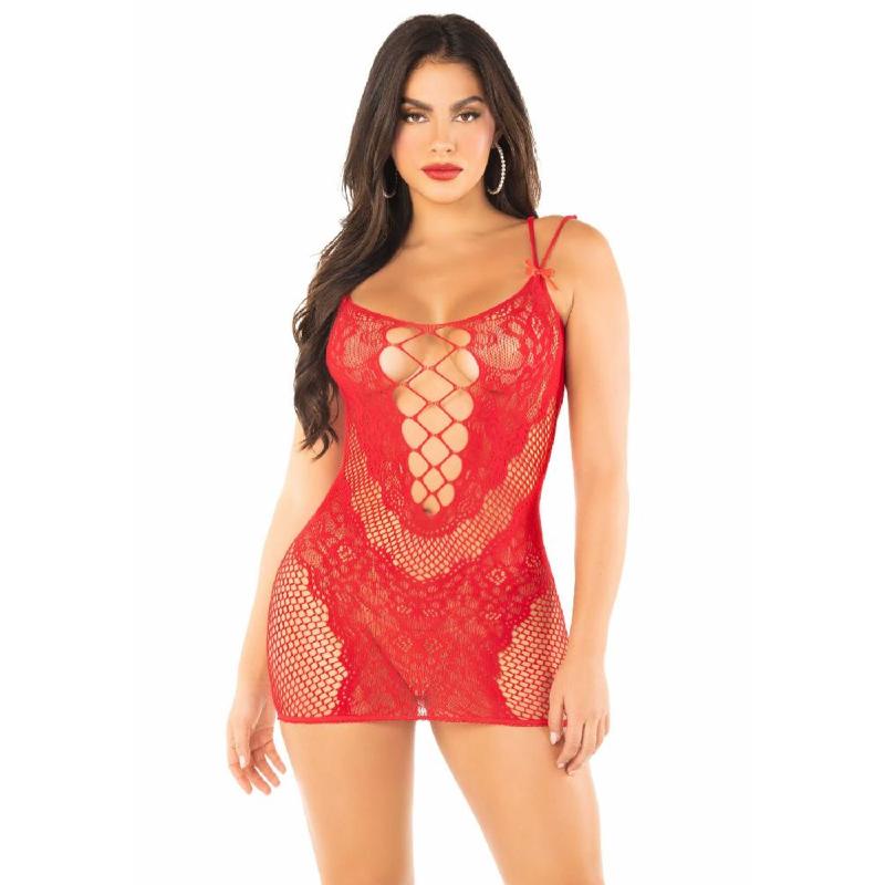 Еротична мінісукня Leg Avenue Lace and Net Mini Dress, Red, One Size, ажурна, відкрита спина