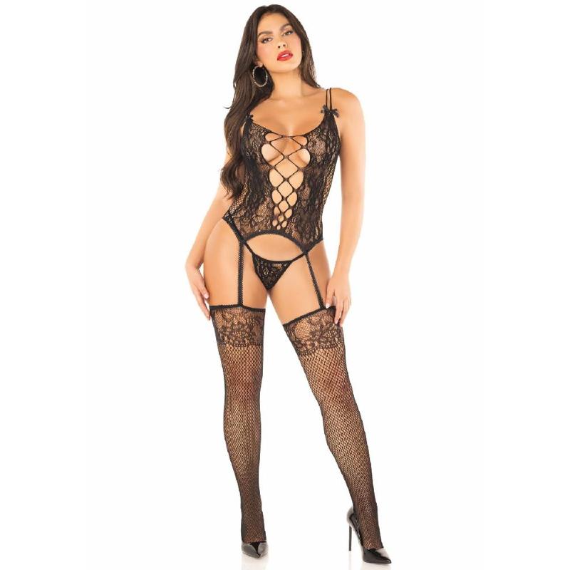 Комплект мереживний Leg Avenue Cami Garter, One Size, Black, корсет із панчохами та стрінгами