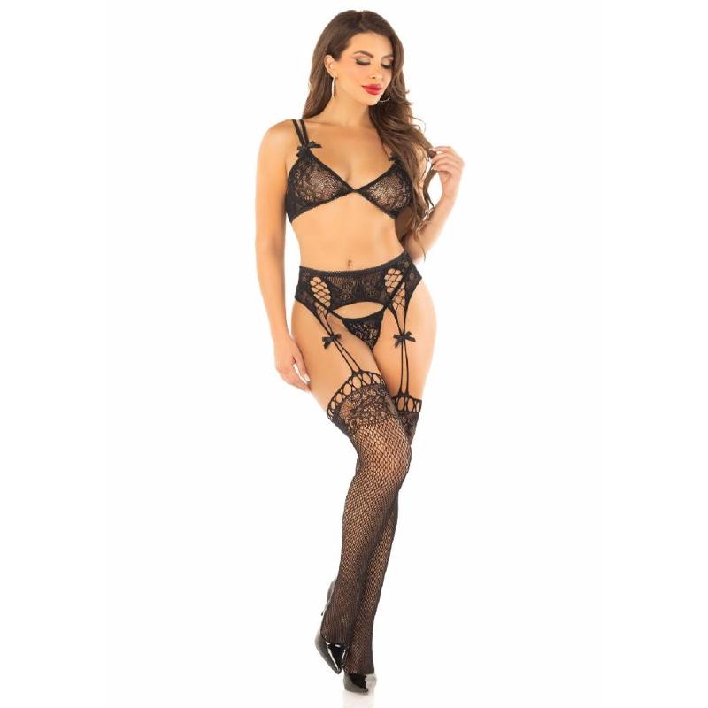 Комплект ліф, трусики, пояс із панчохами Leg Avenue One Size, Black
