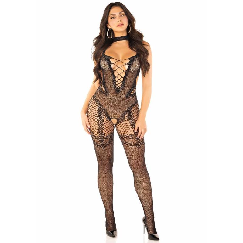 Бодістокінг з доступом Leg Avenue Crotchless Bodystocking with Heart One Size, Black, декольте
