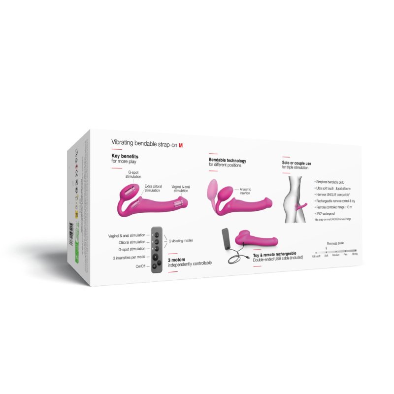 Безремінний страпон з вібрацією Strap-On-Me Vibrating Fuchsia M, діаметр 3,8 см, пульт ДК, регульований