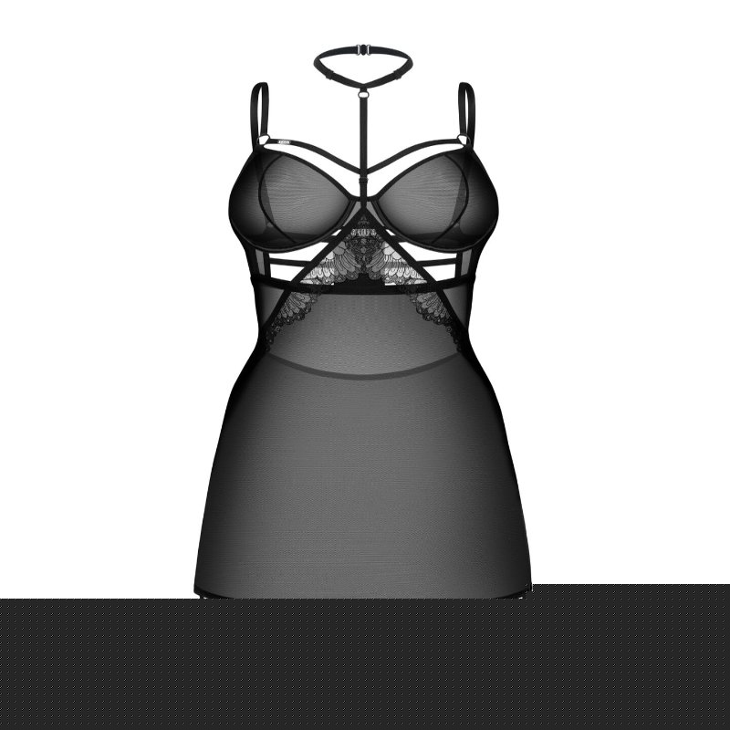 Бебі-дол Obsessive Arrowel Black chemise S/M, з декоративним чокером та гартерами