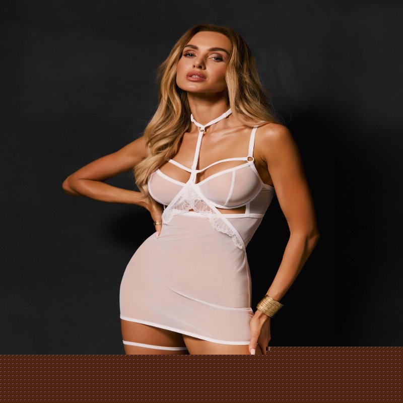 Бебі-дол Obsessive Arrowel White chemise 2XL/3XL, з декоративним чокером та гартерами