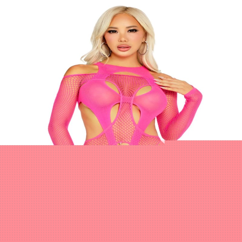Бодістокінг Leg Avenue Fishnet Garter Harness and Teddy One Size Neon Pink