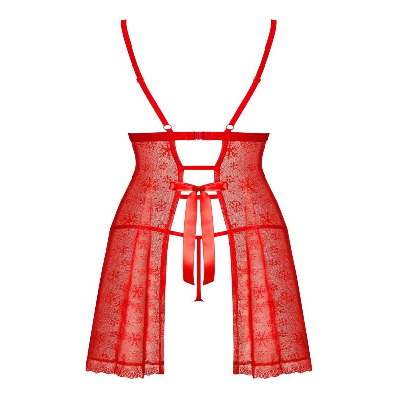 Новорічна сорочка Obsessive Claussica L/XL, червона, прозора з візерунком, стрінги в комплекті