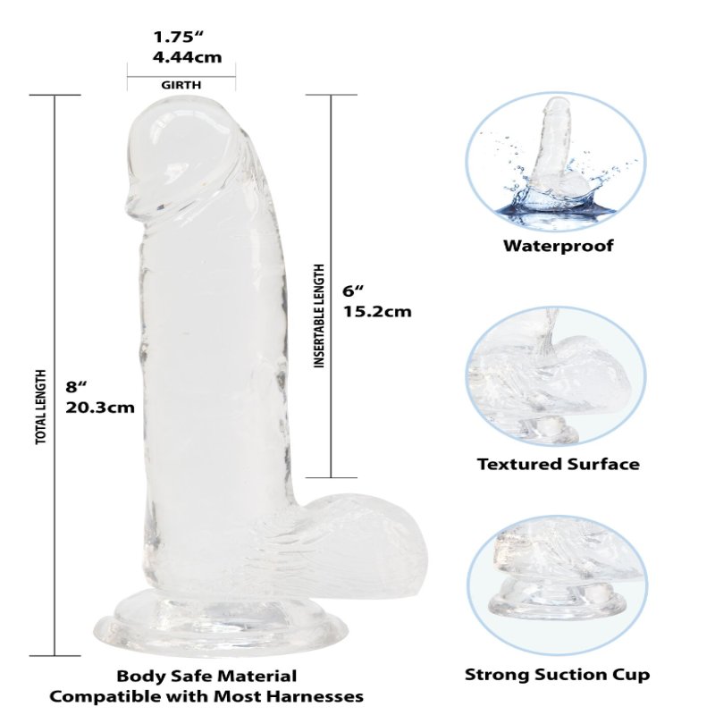 Прозорий фалоімітатор на присосці ADDICTION — Clear Dildo with Balls 8″, віброкуля в подарунок