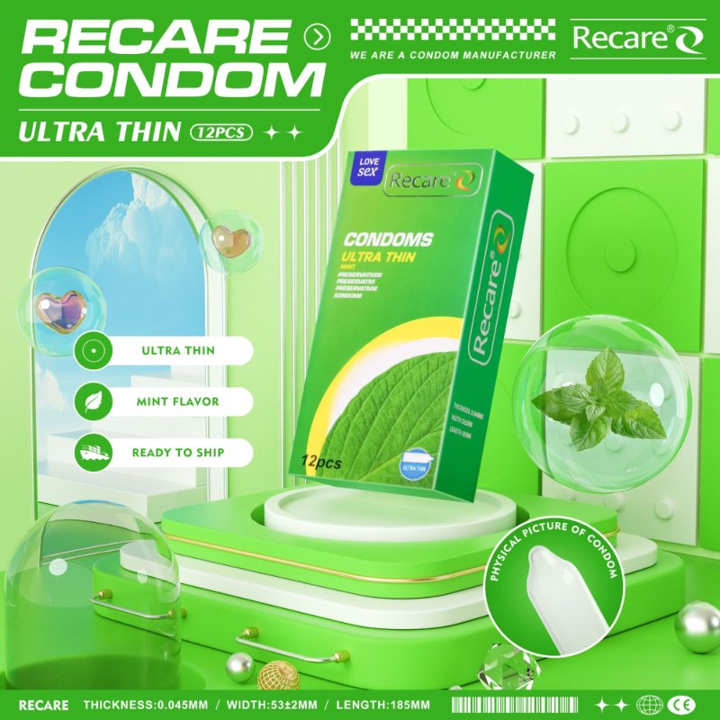 Презервативи Ultra Thin Mint Condoms Recare 12 шт, ультратонкі, аромат: м'ята