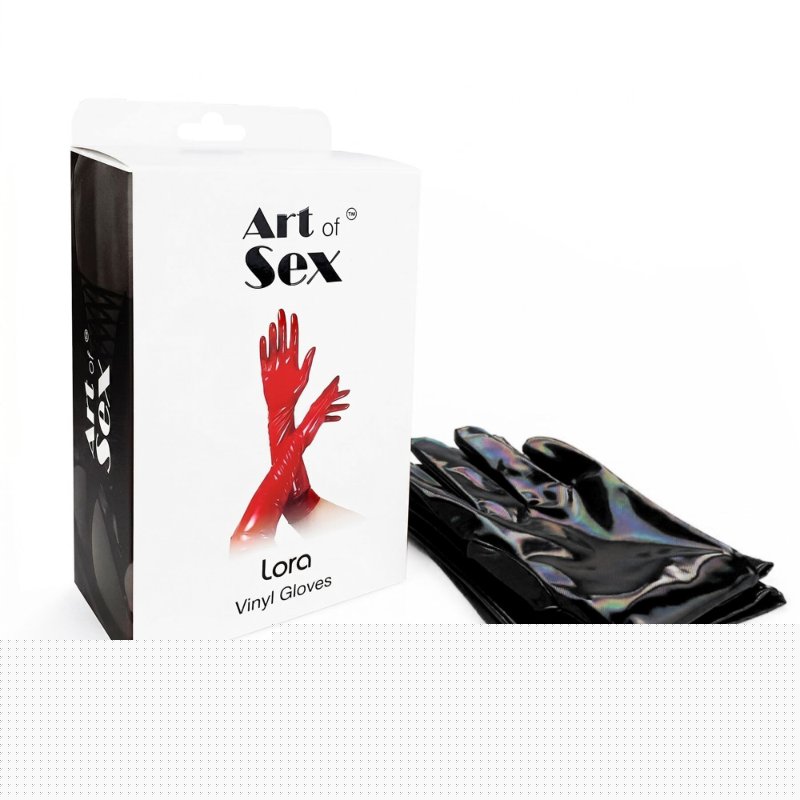 Глянсові вінілові рукавички Art of Sex - Lora, розмір S, колір чорний з ефектом голограми