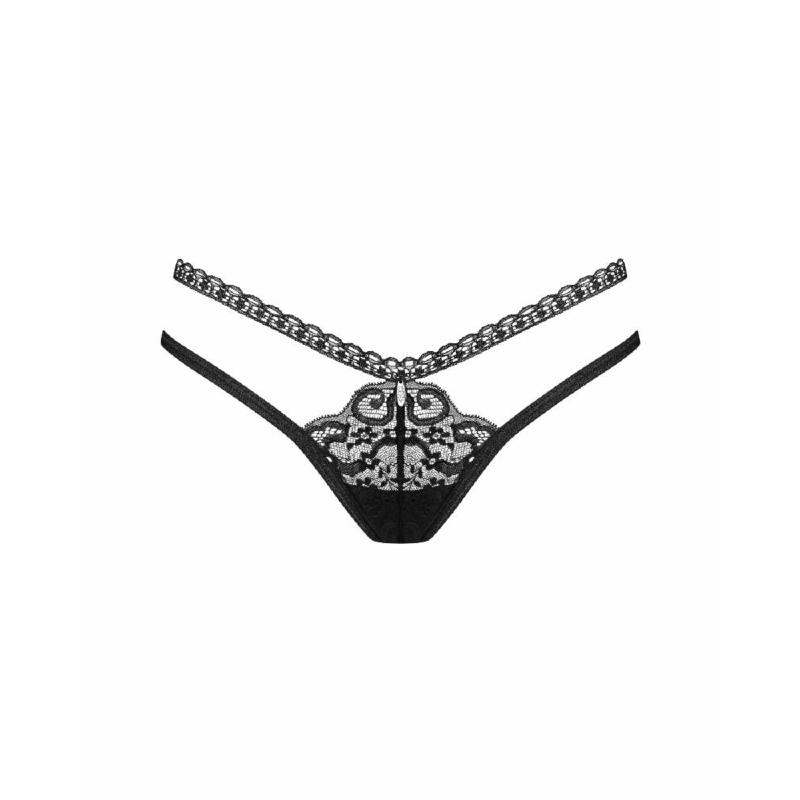 Трусики-стрінги Obsessive Blomentis thong, M/L, чорні, мереживні, боковинки — подвійні смужки