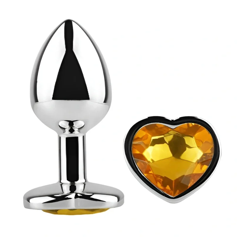 Анальная пробка EGZO Silver Heart Plug Yellow S с желтым кристаллом, металлическая
