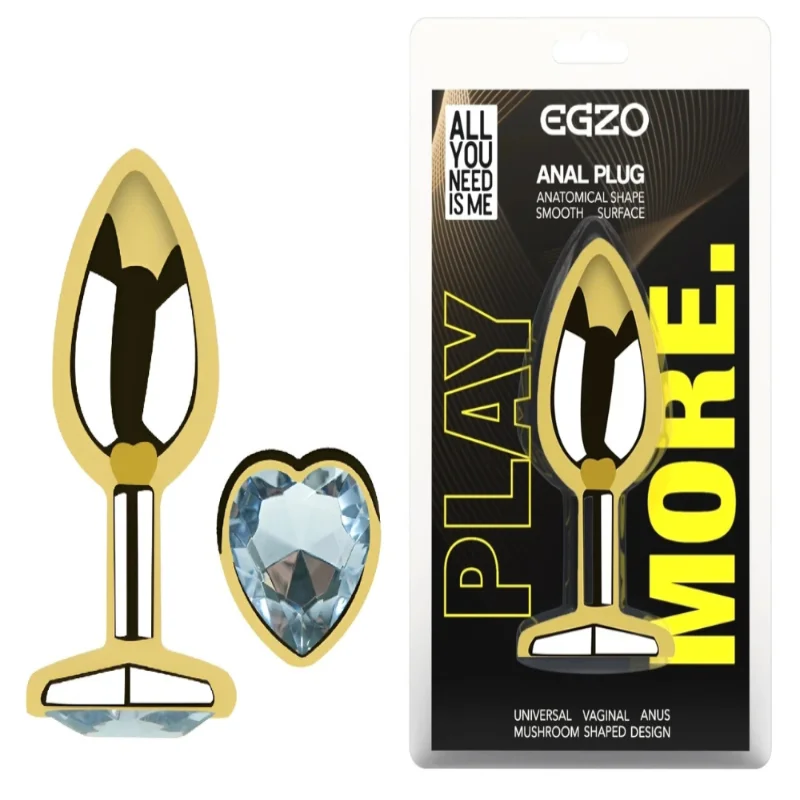 Анальная пробка Egzo Gold Heart с кристаллом, золотая нержавеющая сталь, размер M
