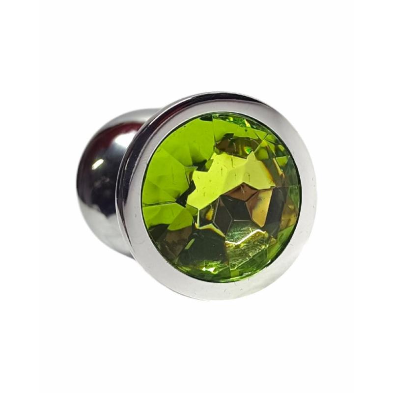 Металлическая анальная пробка Silver, light green crystal размер М