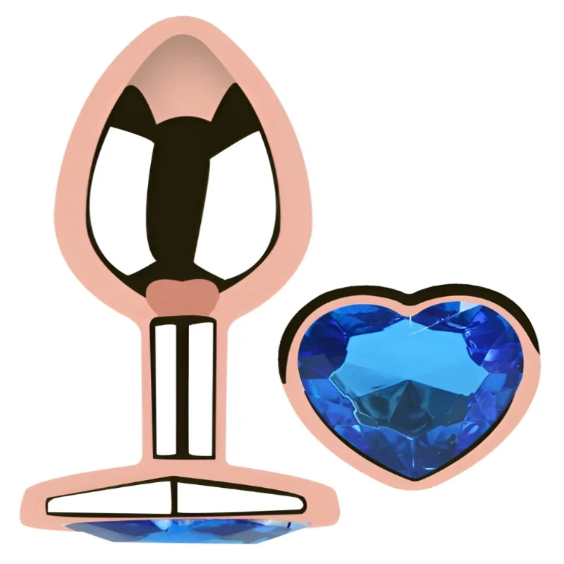 Анальная пробка EGZO Rose Gold Heart Plug с синим кристаллом, металлическая, размер M