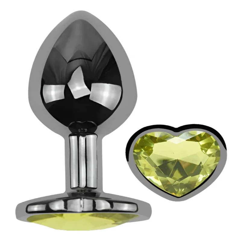 Анальная пробка EGZO Dark Silver Heart M анатомическая из медицинской стали с лаймовым кристаллом