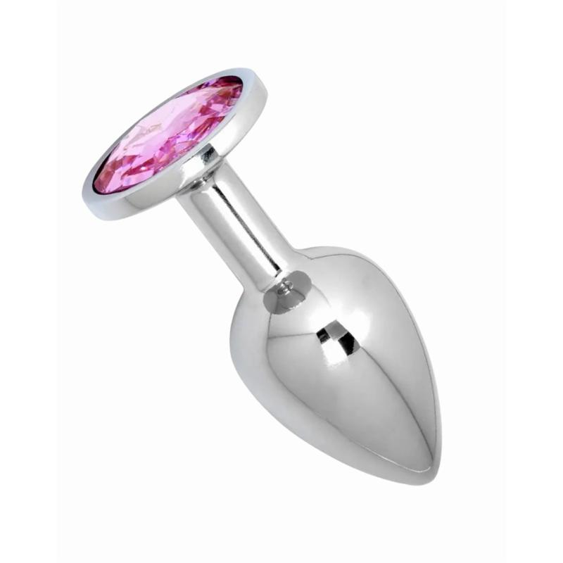 Металлическая анальная пробка Silver, pink crystal, размер М