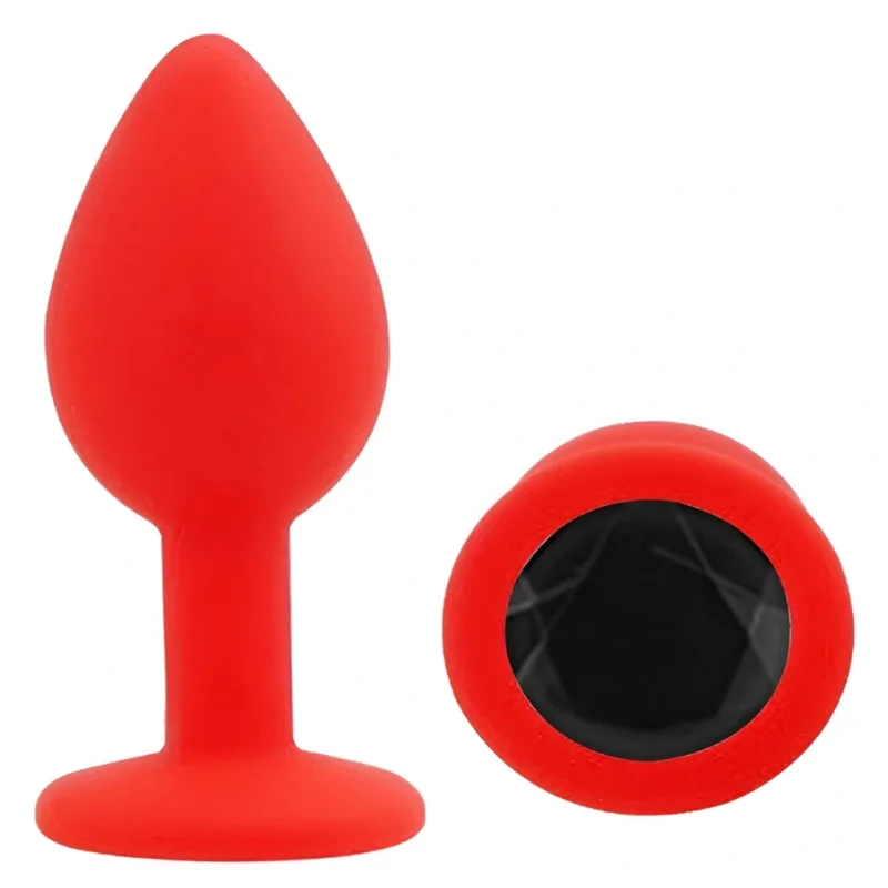 Анальная пробка EGZO Red Round Plug S с кристаллом, красная из гладкого силикона