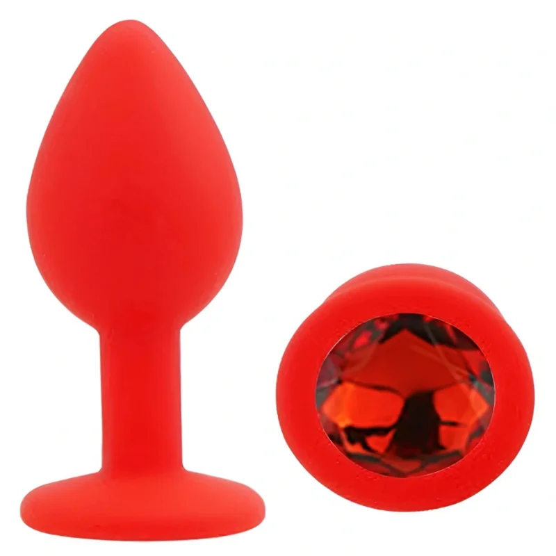Анальная пробка EGZO Silicone Round Plug S, красная с зеленым кристаллом, медицинский силикон