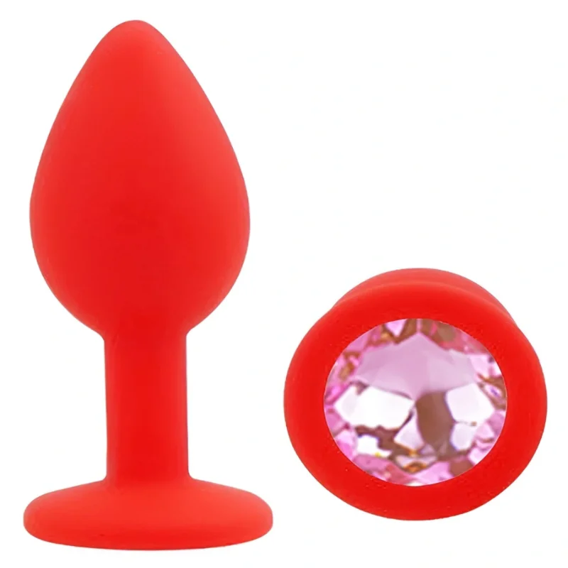 Анальная пробка EGZO Silicone Round Plug S с бирюзовым кристаллом, красная