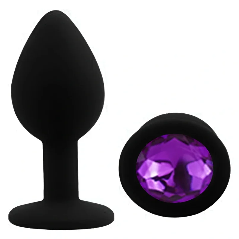Анальная пробка EGZO Silicone Black с фиолетовым кристаллом, черная, размер S