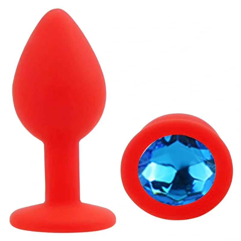 Анальная пробка EGZO Silicone Red Round Plug S, силиконовая, с голубым кристаллом