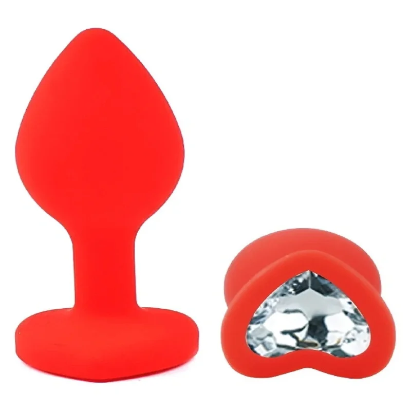 Анальная пробка EGZO Red Heart Plug S с голубым кристаллом, красная силиконовая