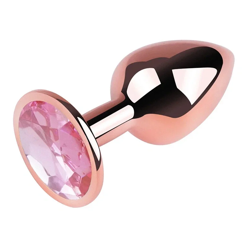 Анальная пробка EGZO Rose Gold Round Plug Pink M, металлическая с розовым кристаллом