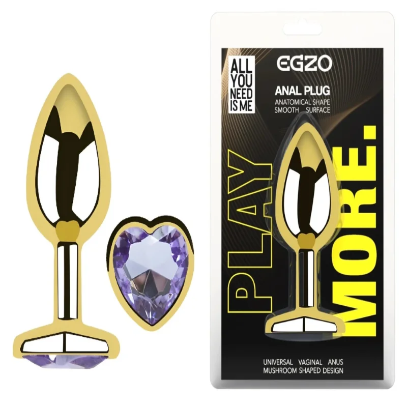 Анальная пробка EGZO Gold Heart Plug Amethyst M с кристаллом аметиста
