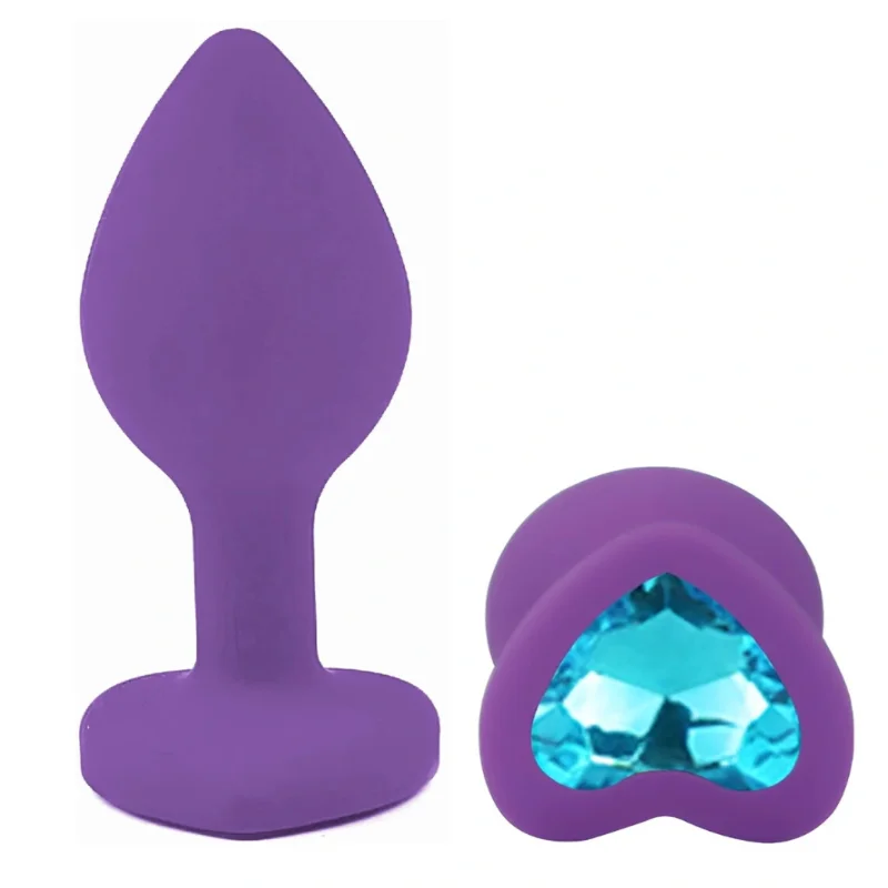 Анальная пробка EGZO Silicone Violet Heart Plug, размер S, фиолетовая с синим кристаллом