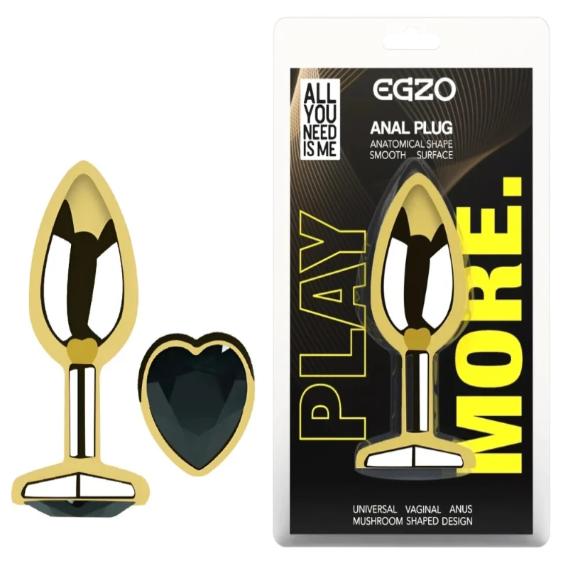 Анальная пробка EGZO Gold Heart Plug Black S с кристаллом и сердцевидным основанием