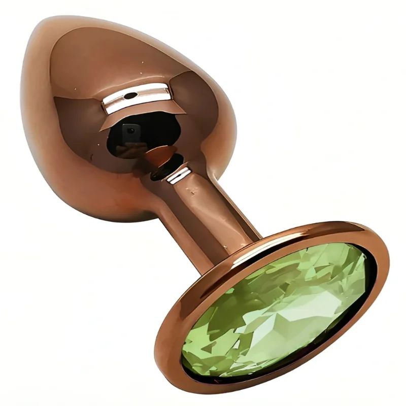 Анальный плаг EGZO Dark Gold Green S с зеленым кристаллом, металлический, анатомический