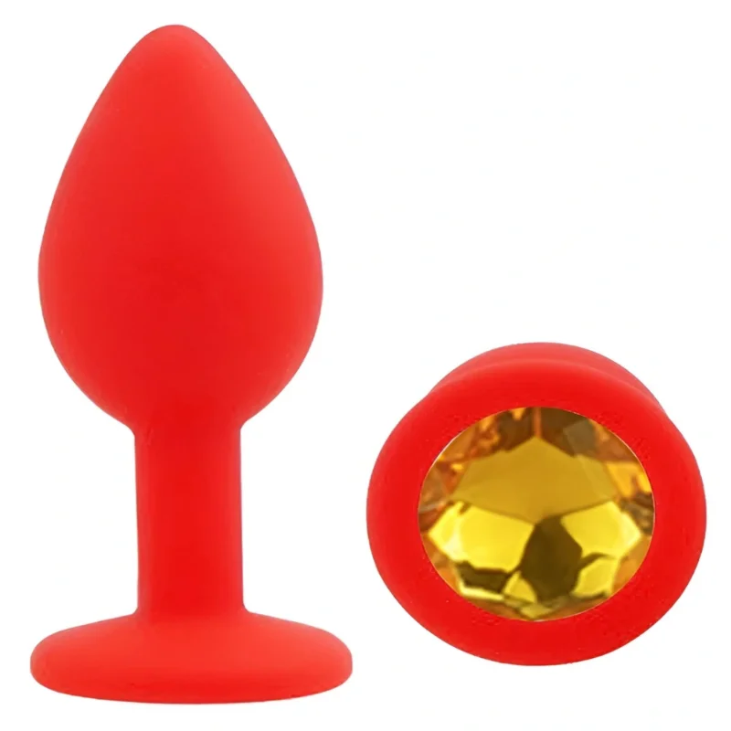 Анальная пробка EGZO Silicone Red Round Plug Yellow S с желтым кристаллом