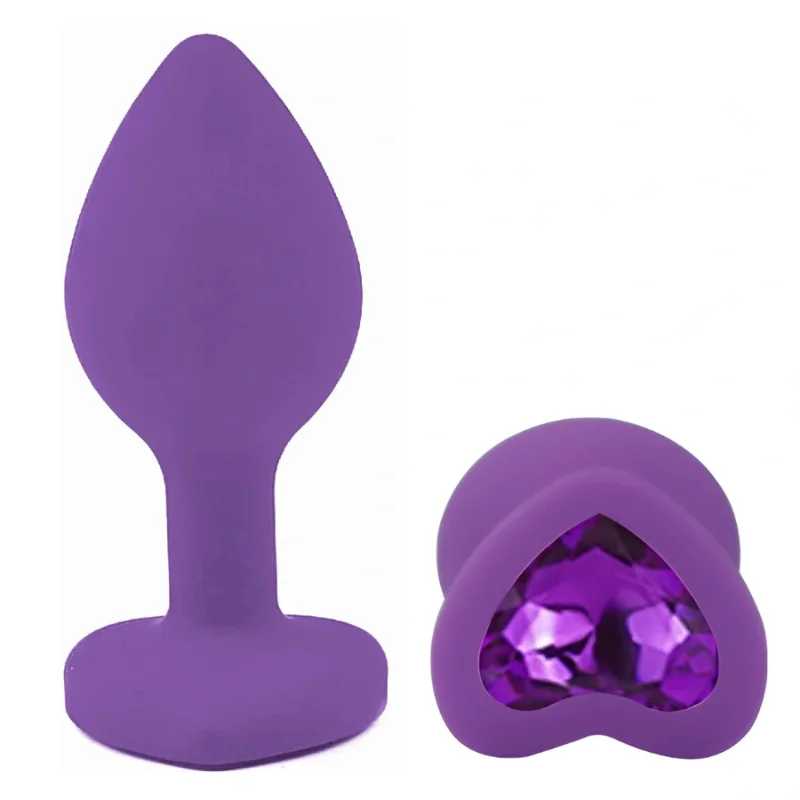 Анальная пробка EGZO Violet Heart Plug S с кристаллом, фиолетовая, силиконовая