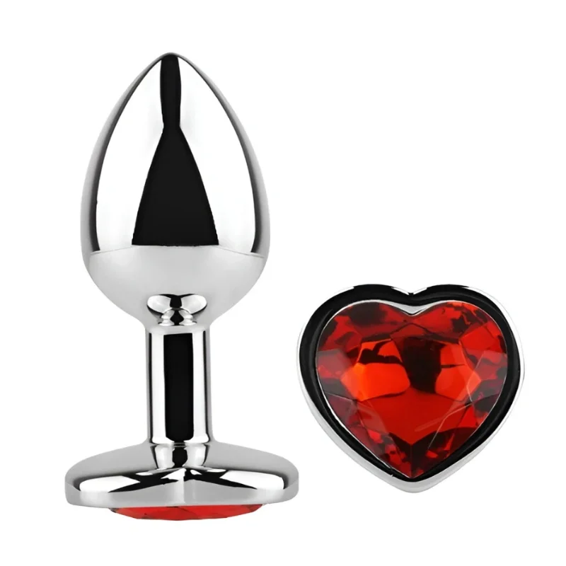 Анальная пробка EGZO Silver Heart Plug S с красным кристаллом, металлическая