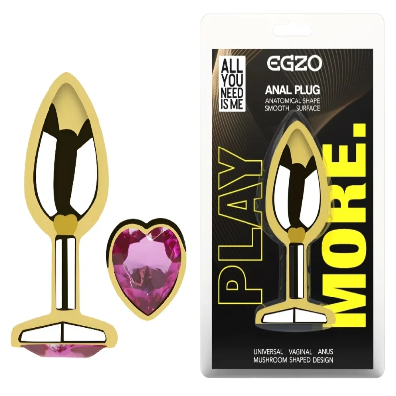 Анальная пробка Egzo Gold Heart Plug M с розовым кристаллом для длительного ношения