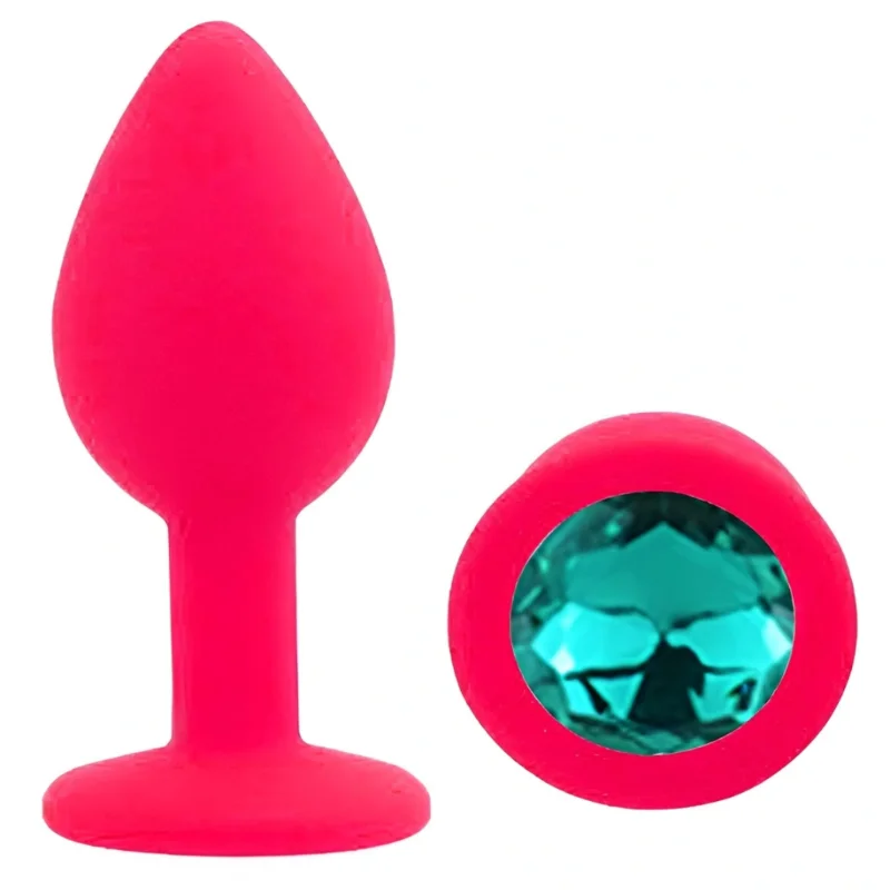 Анальная пробка EGZO Pink Round Plug S с зеленым кристаллом, медицинский силикон