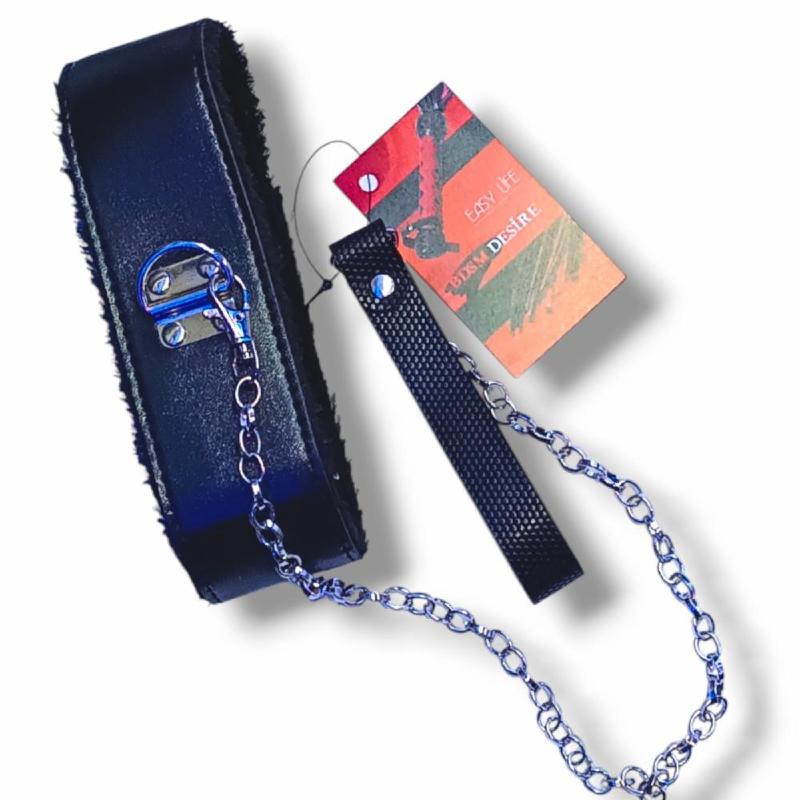 Мягкий черный ошейник "Love leash" с цепочкой-поводком и удобным черным держателем  Экокожа-металл