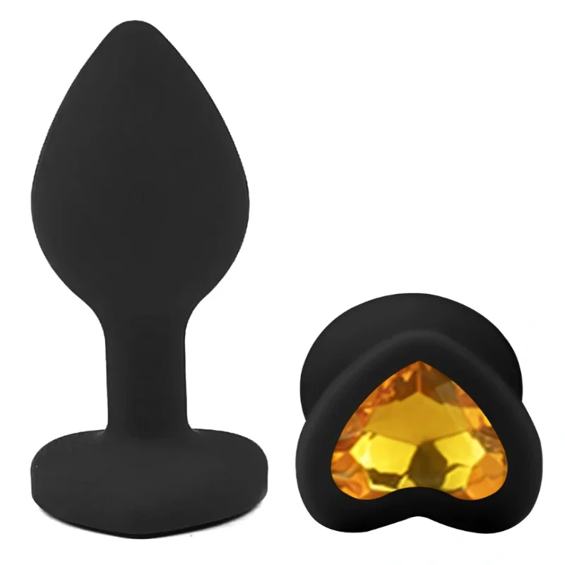 Анальная пробка EGZO Silicone Black Heart Plug S, черный силиконовый плаг с желтым сердцем