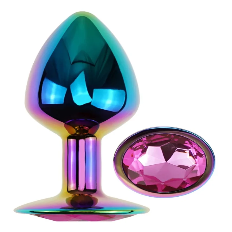 Анальная пробка EGZO Multicolor Round Plug S с розовым кристаллом, радужная металлическая