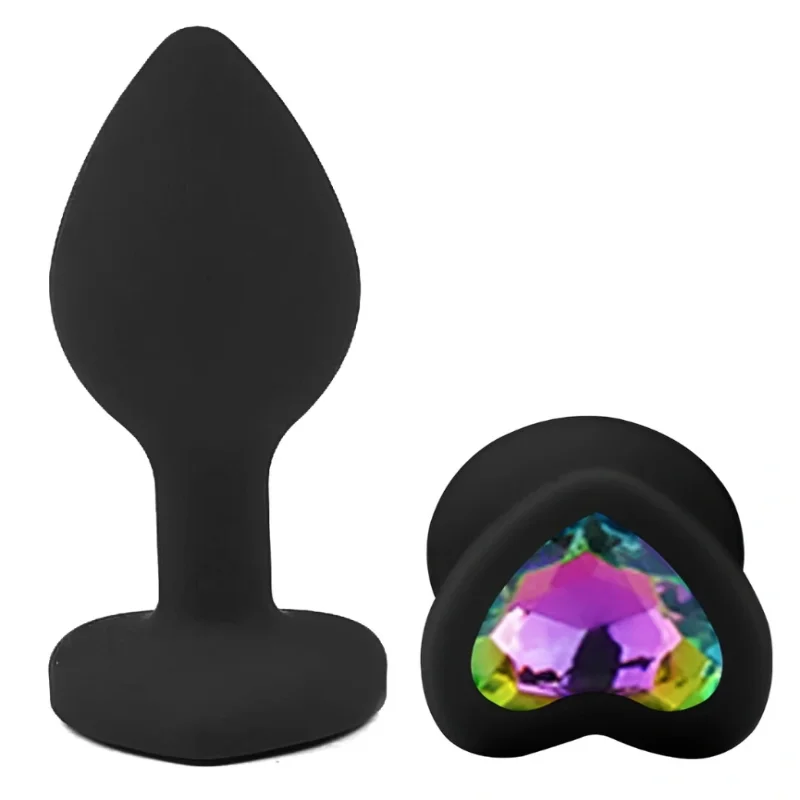 Анальная пробка силиконовая EGZO Black Heart Plug S с радужным кристаллом, черная