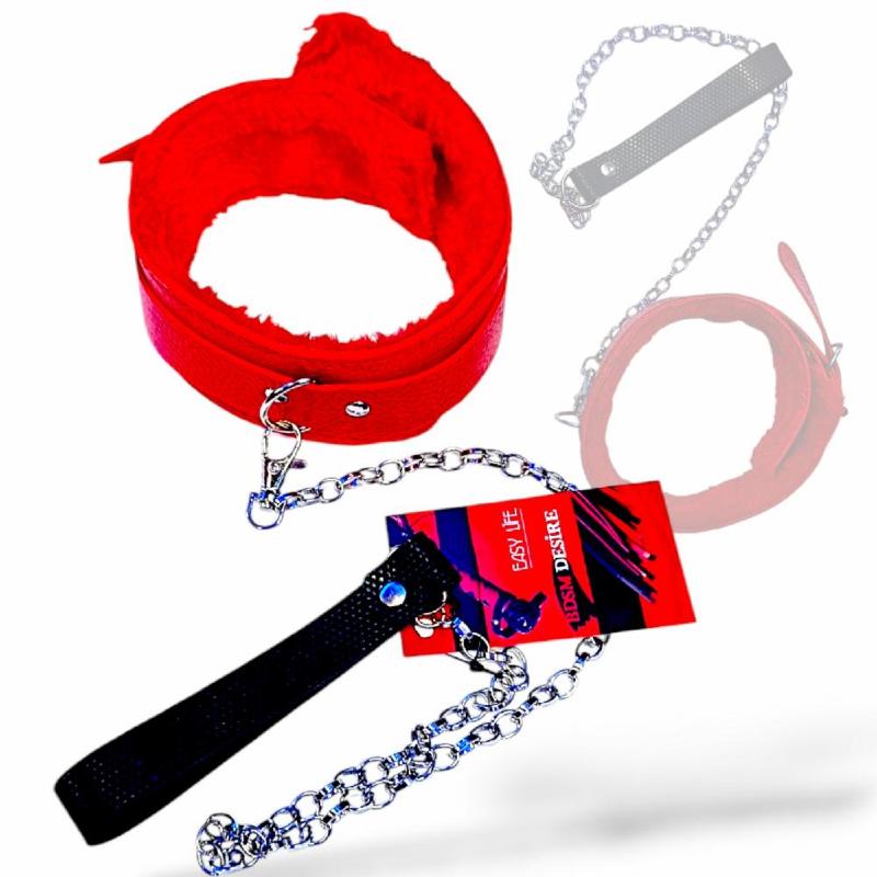 Мягкий красный ошейник "Love leash" с цепочкой-поводком и удобным черным держателем  Экокожа-металл