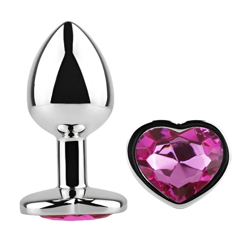 Анальная пробка EGZO Silver Heart Plug Rose с кристаллом, серебристая, размер S