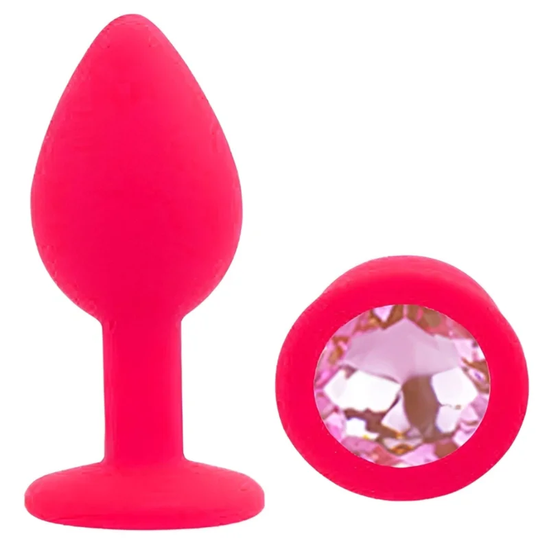 Анальная пробка EGZO Silicone Pink, размер S, с фиолетовым кристаллом из медицинского силикона