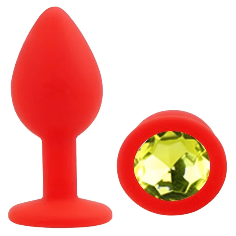 Анальная пробка EGZO Silicone Red Round Plug S с кристаллом, красная, силиконовая