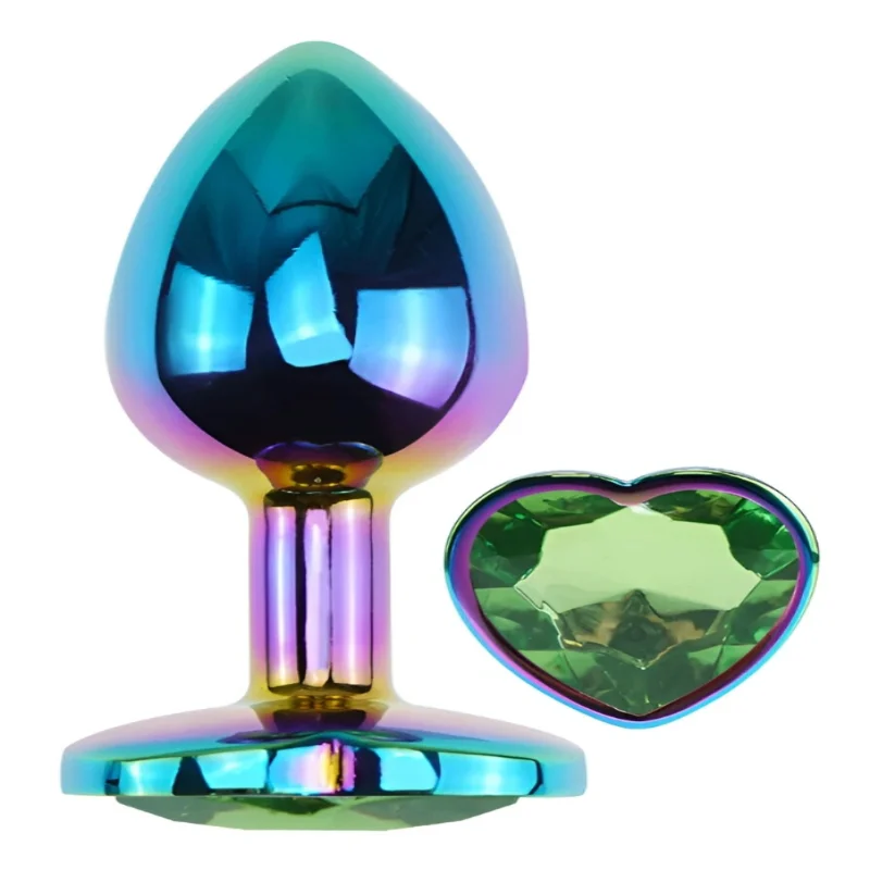 Анальная пробка EGZO Multicolor Heart Plug M с зеленым кристаллом, радужная