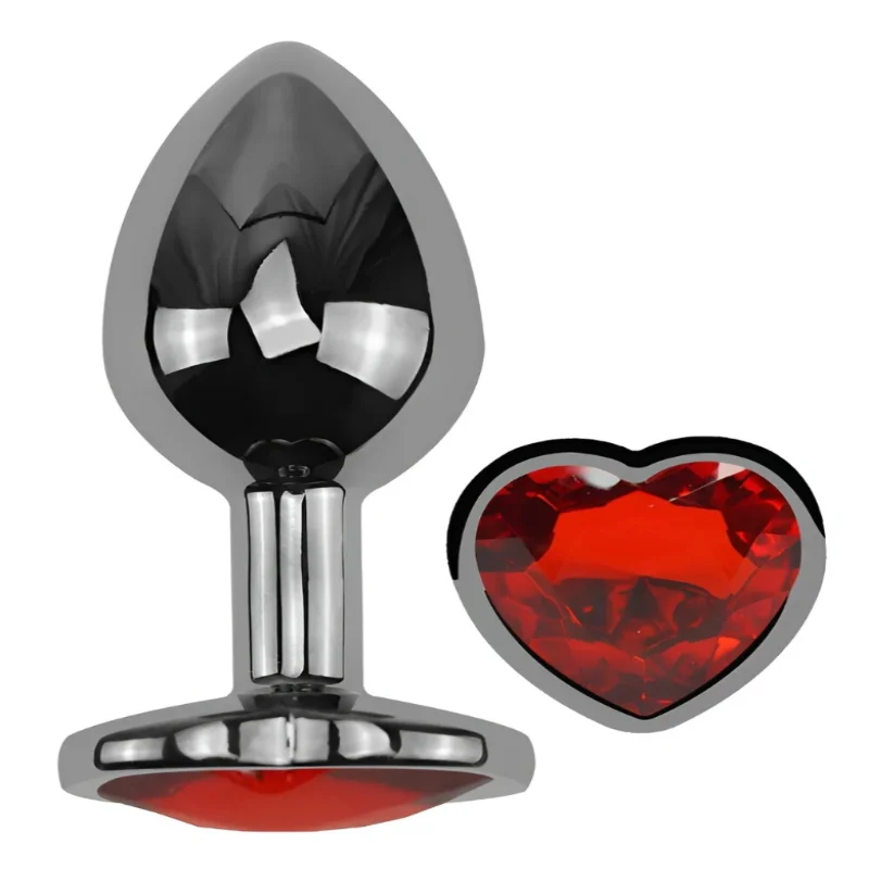Анальная пробка EGZO Dark Silver Heart Plug с красным сердцем, металлическая, размер M