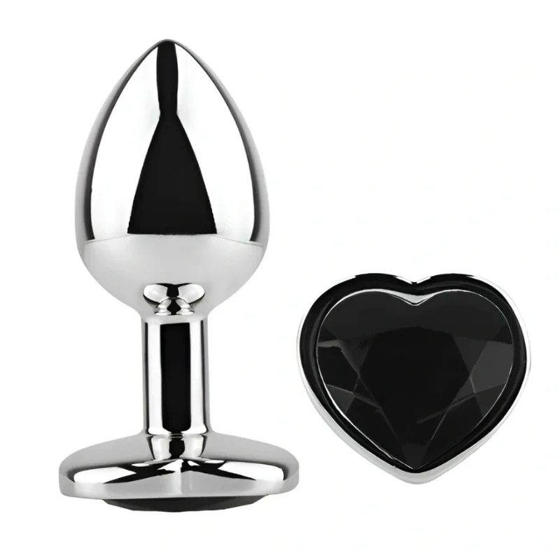 Анальная пробка EGZO Silver Heart Plug Black M, металлическая анатомическая с кристаллом