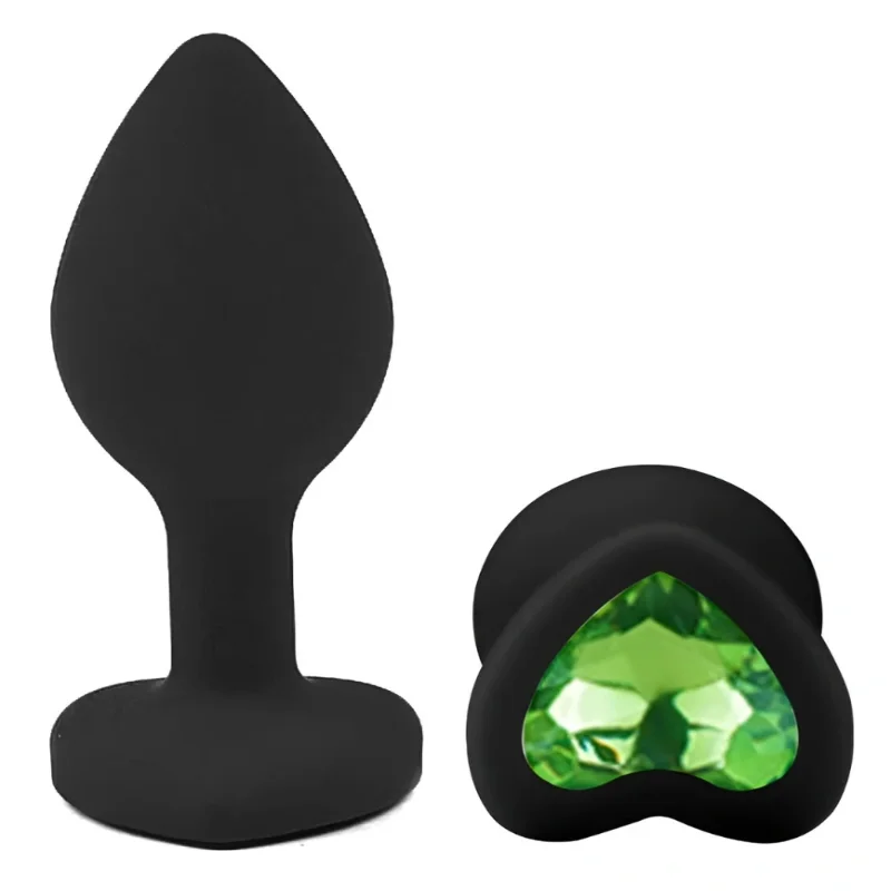 Анальная пробка EGZO Silicone Black Heart Plug S, черная силиконовая с зеленым кристаллом