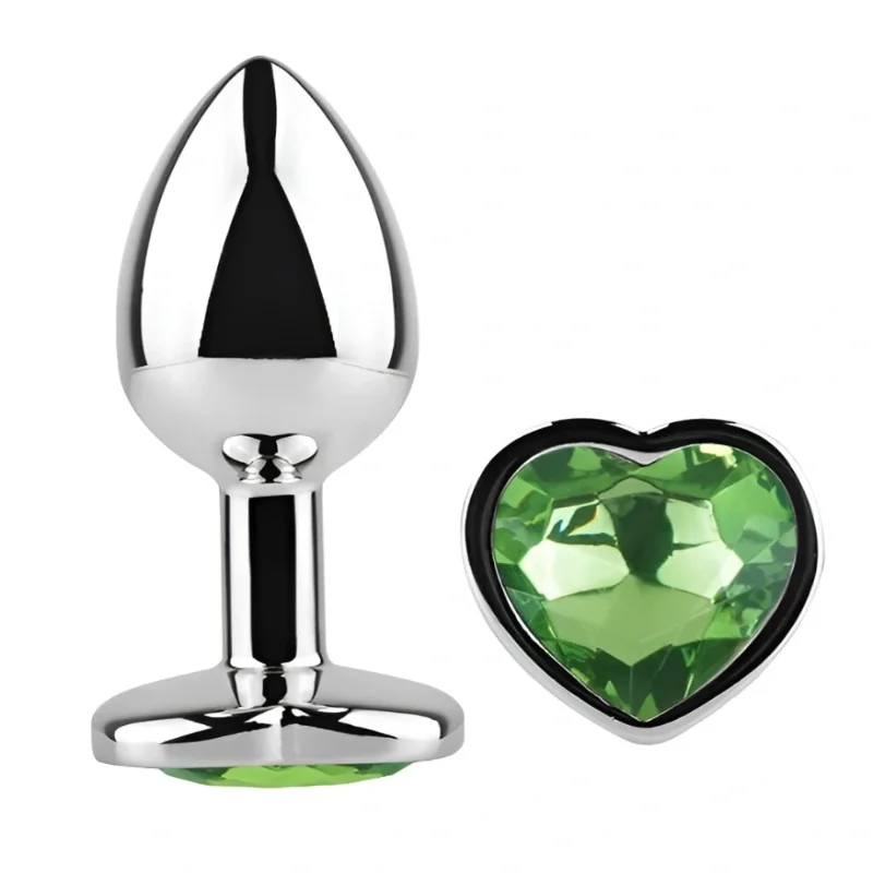 Анальная пробка EGZO Silver Heart Plug MSH-09S с зеленым кристаллом, нержавеющая сталь, размер S